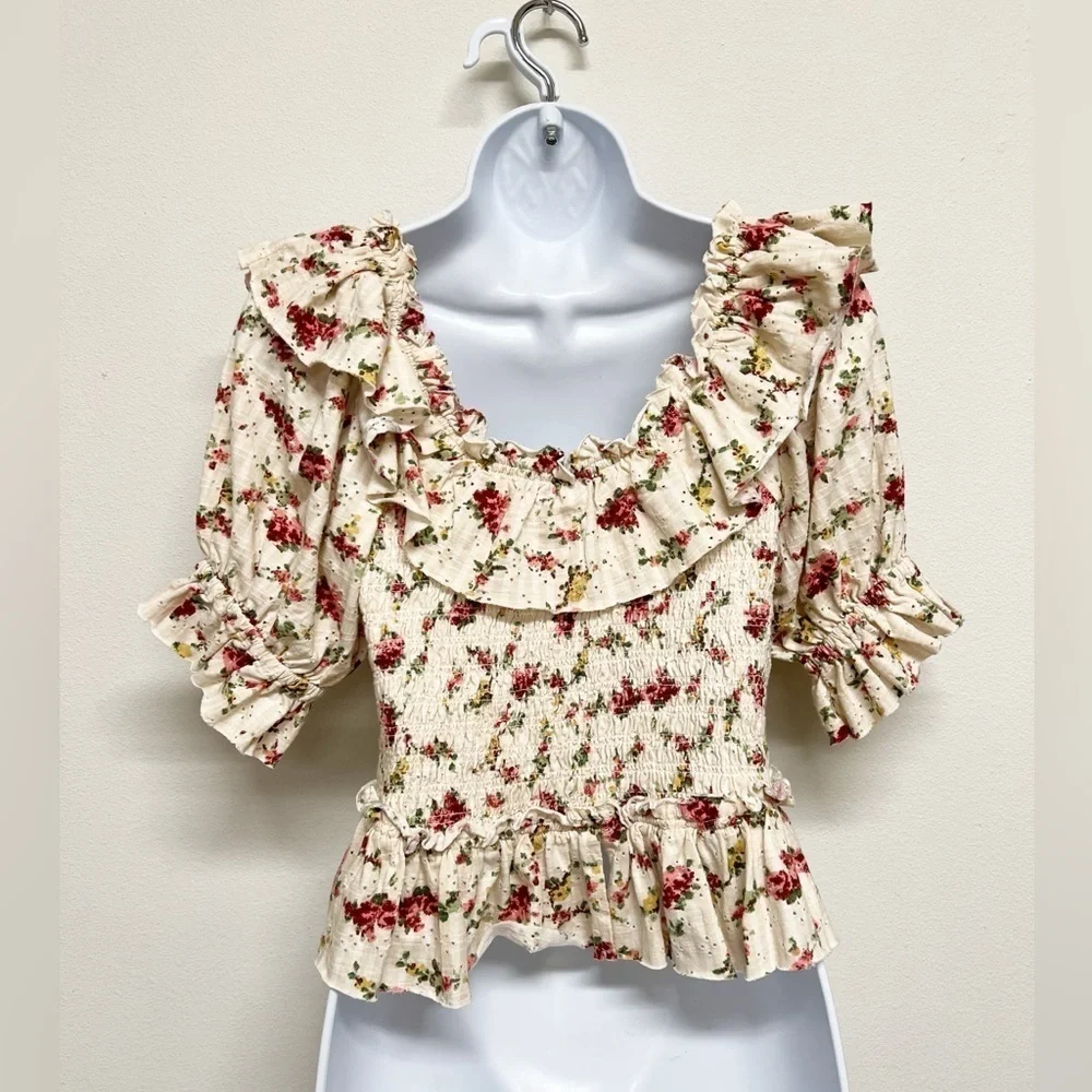Free People Womens Striped Floral Eyelet Jersey Ruffle Favorite Girl Top Size XS